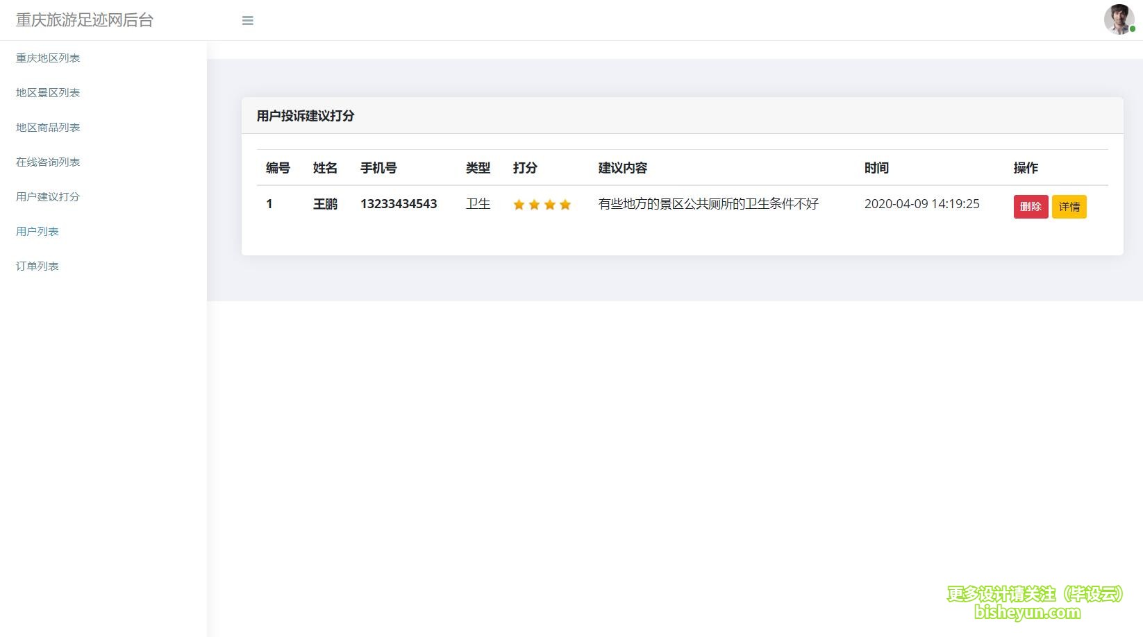 毕设云-基于php的重庆旅游网站-投诉建议