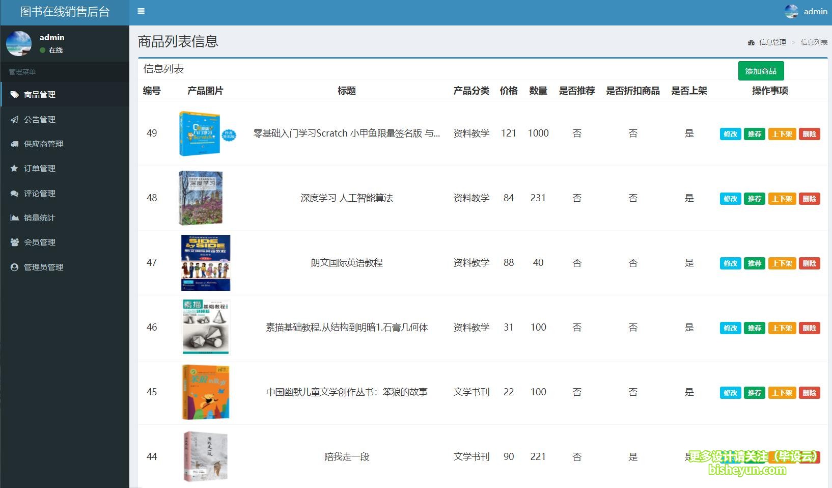 毕设云-基于php图书商店管理系统-商品列表信息