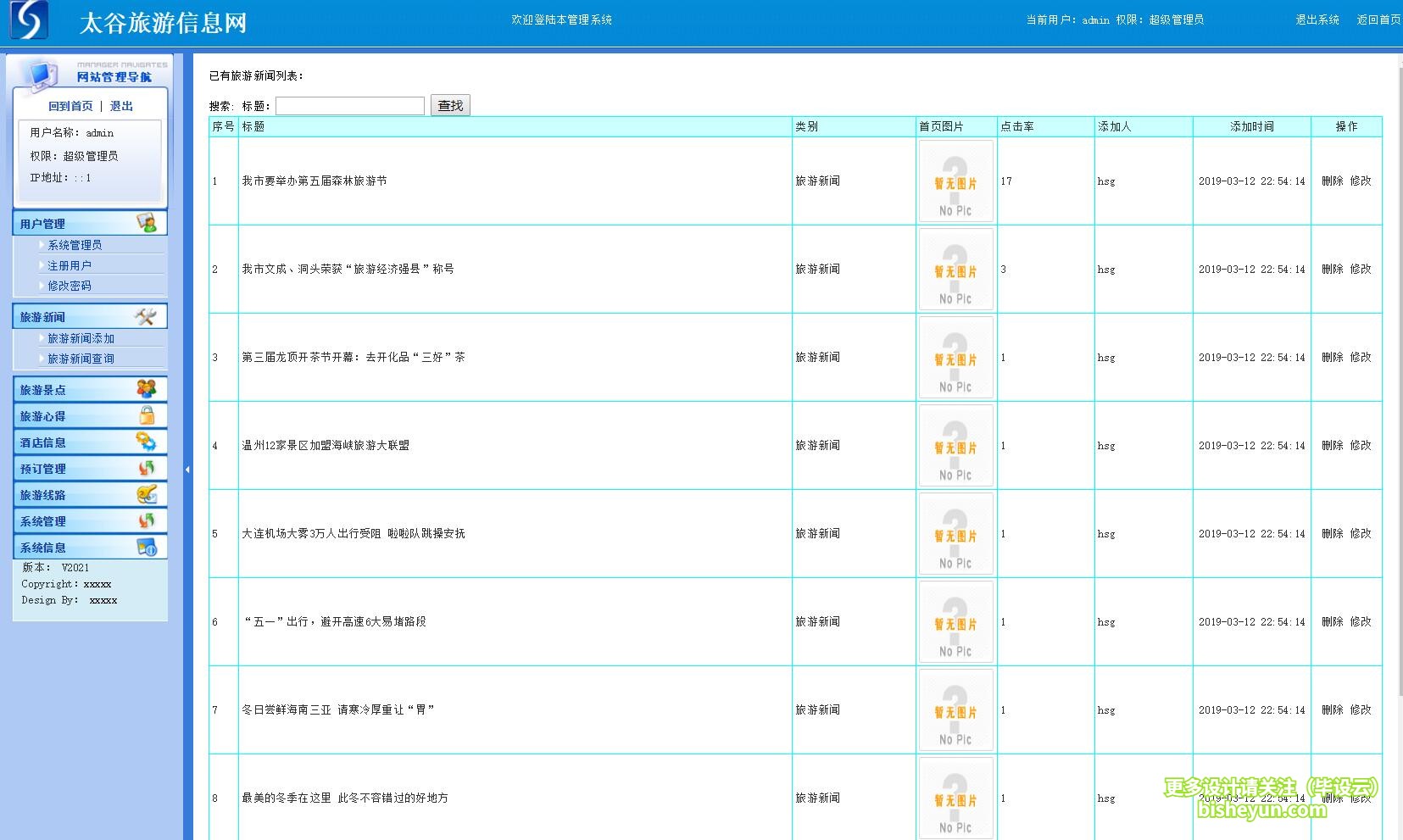 毕设云-基于php旅游信息管理系统-新闻管理