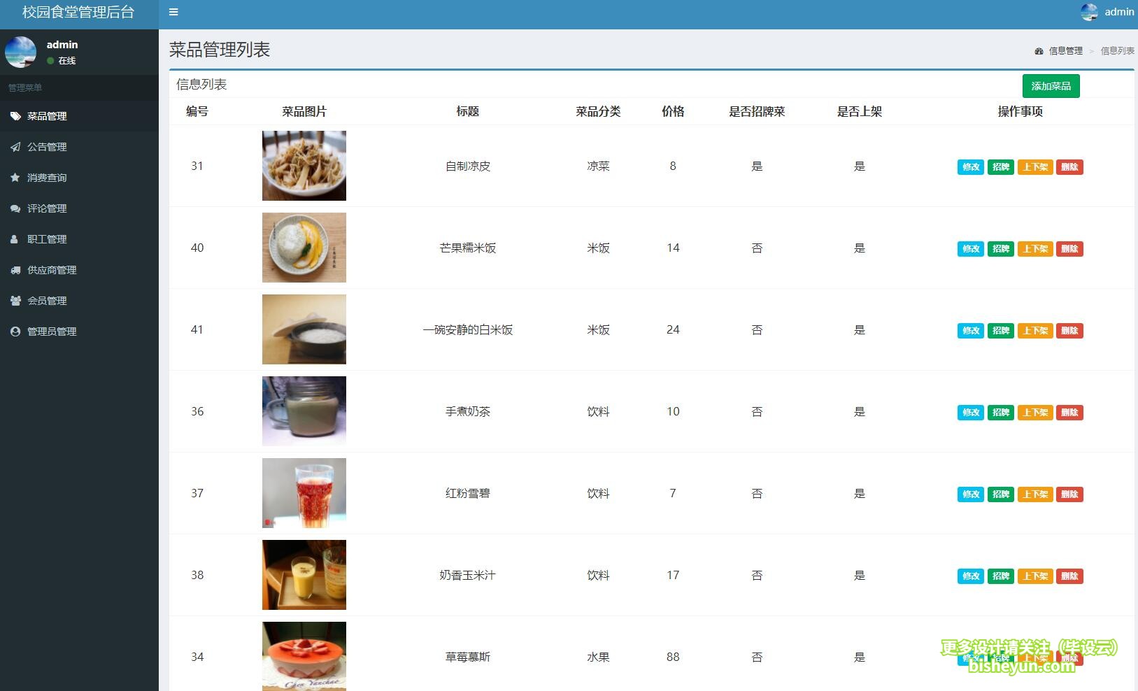 毕设云-基于php校园食堂点餐管理系统-菜品管理