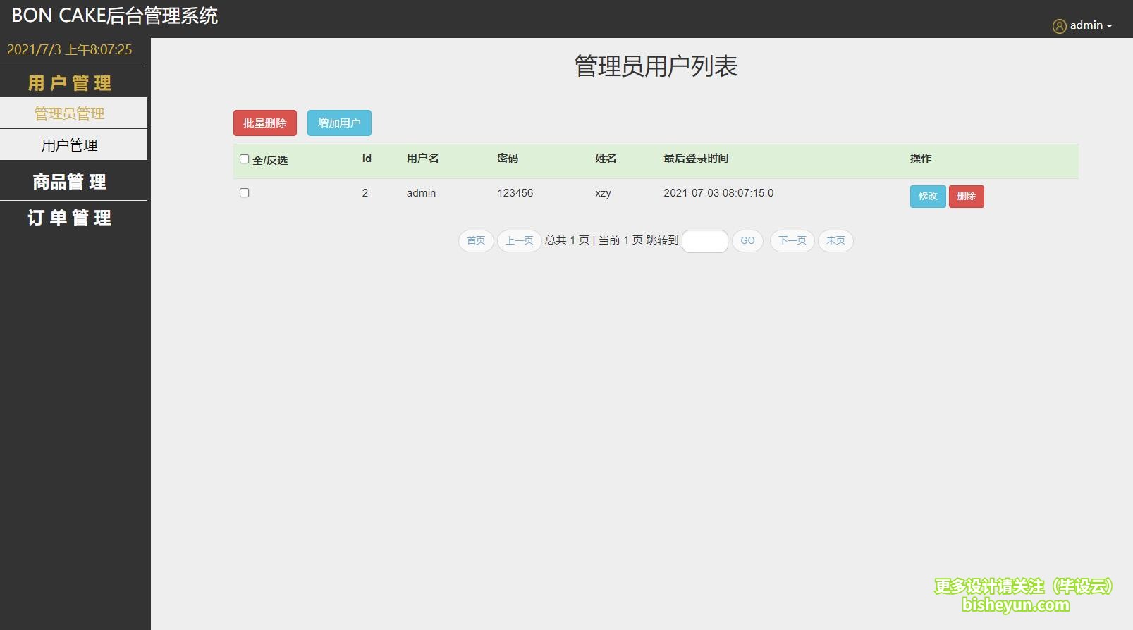 毕设云-基于java蛋糕甜品商店管理系统-用户列表