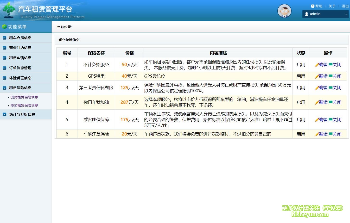 毕设云-基于java的汽车租赁管理系统-后台管理保险种类