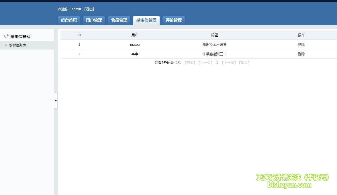 基于java失物招领管理系统-感谢信列表