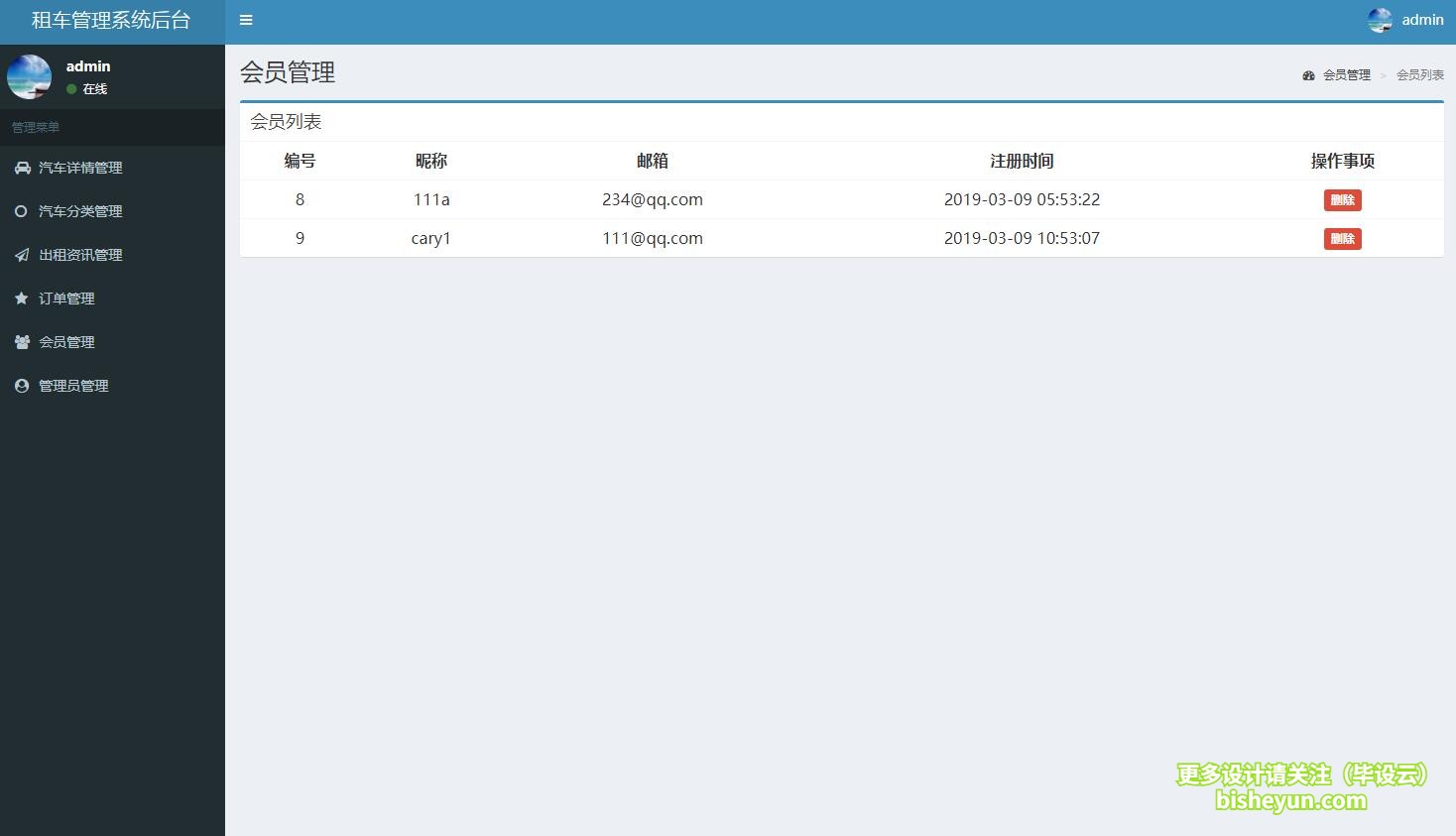 基于php汽车租赁平台管理系统-注册会员管理
