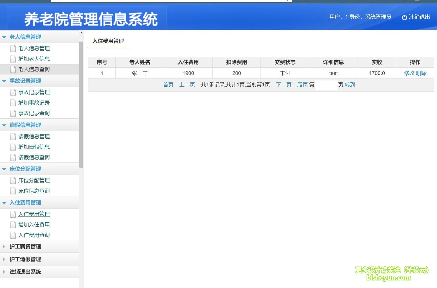 基于jsp养老院管理系统-入住费用管理